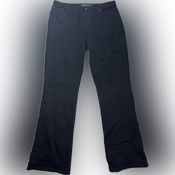 Ralph Lauren Jeans Womens 14 Wide Leg Black Dark Wash Embroidered Floral - Picture 1 of 7
